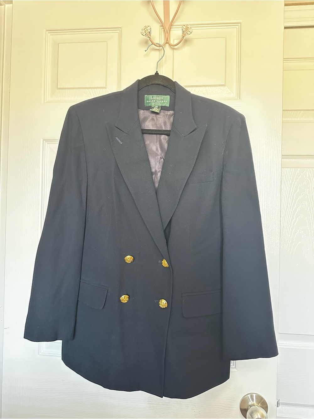 Vintage Ralph Lauren Petite 12P 100% Wool Navy Gold Crest Button Blazer made USA - Picture 2 of 8